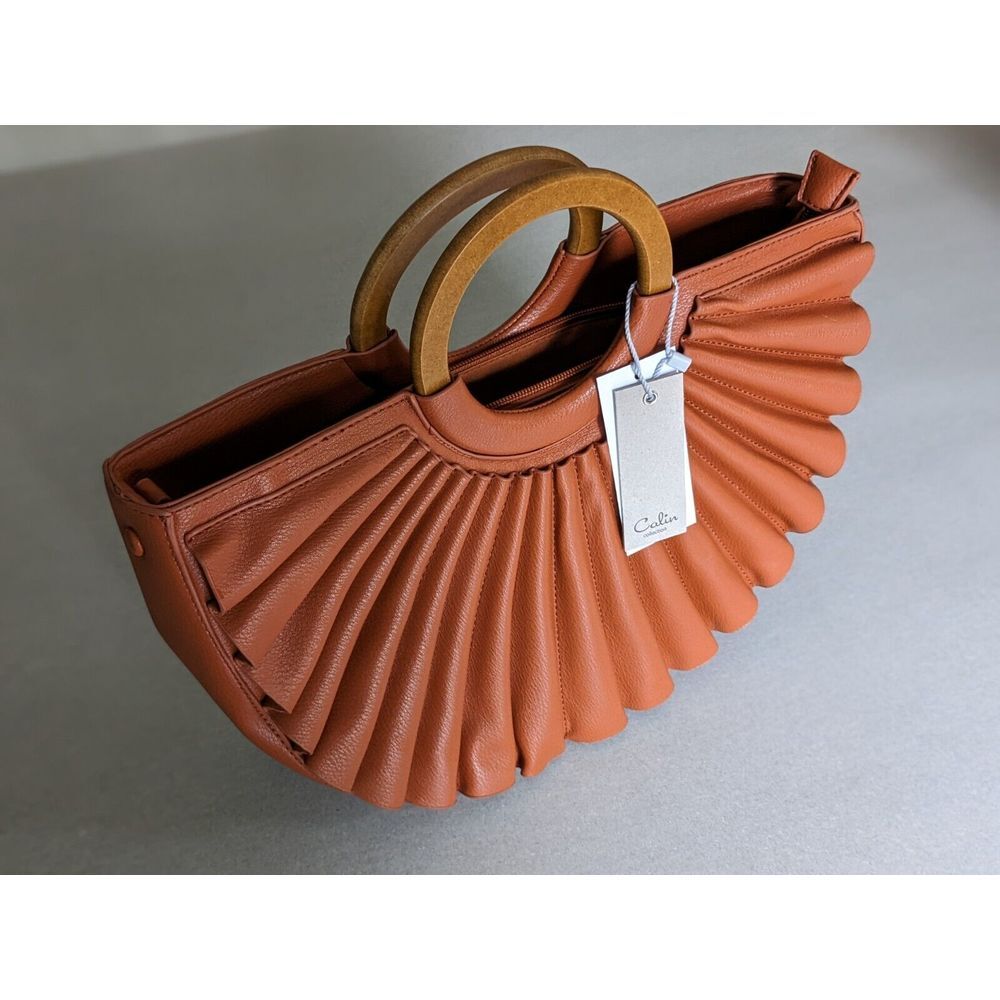 Accordion Fan Semi Circle Hand Bag Crossbody Vegan Leather‎ Purse